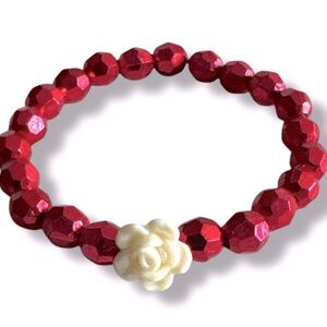 3 FOR $20 HANDCRAFTED Metallic Red Glass White Rose Beaded Bracelet